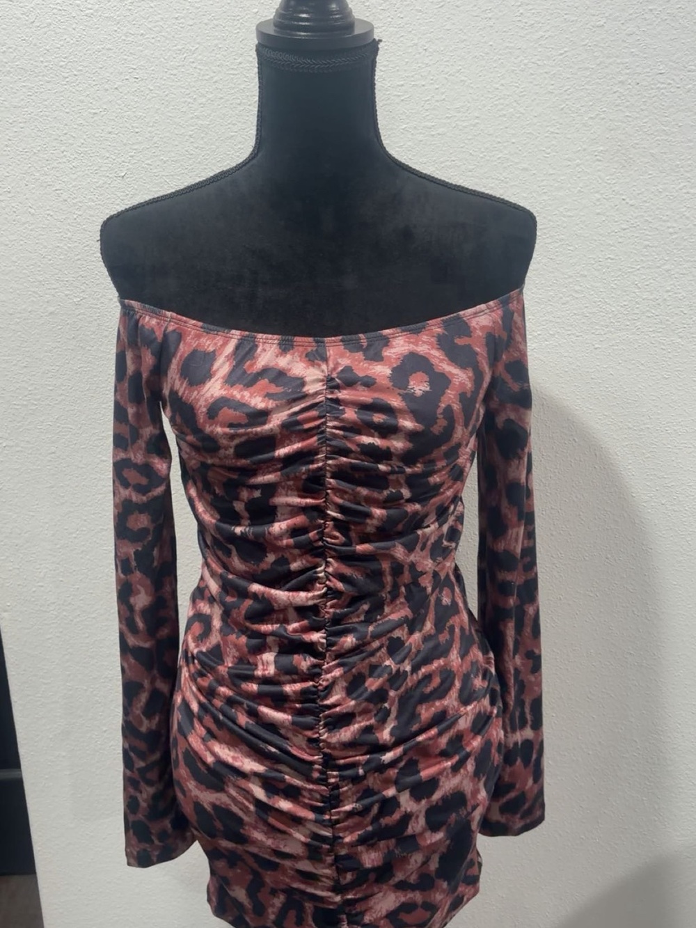 SHEIN Pink and Black One-Shoulder Ruched Leopard Bodycon Dress